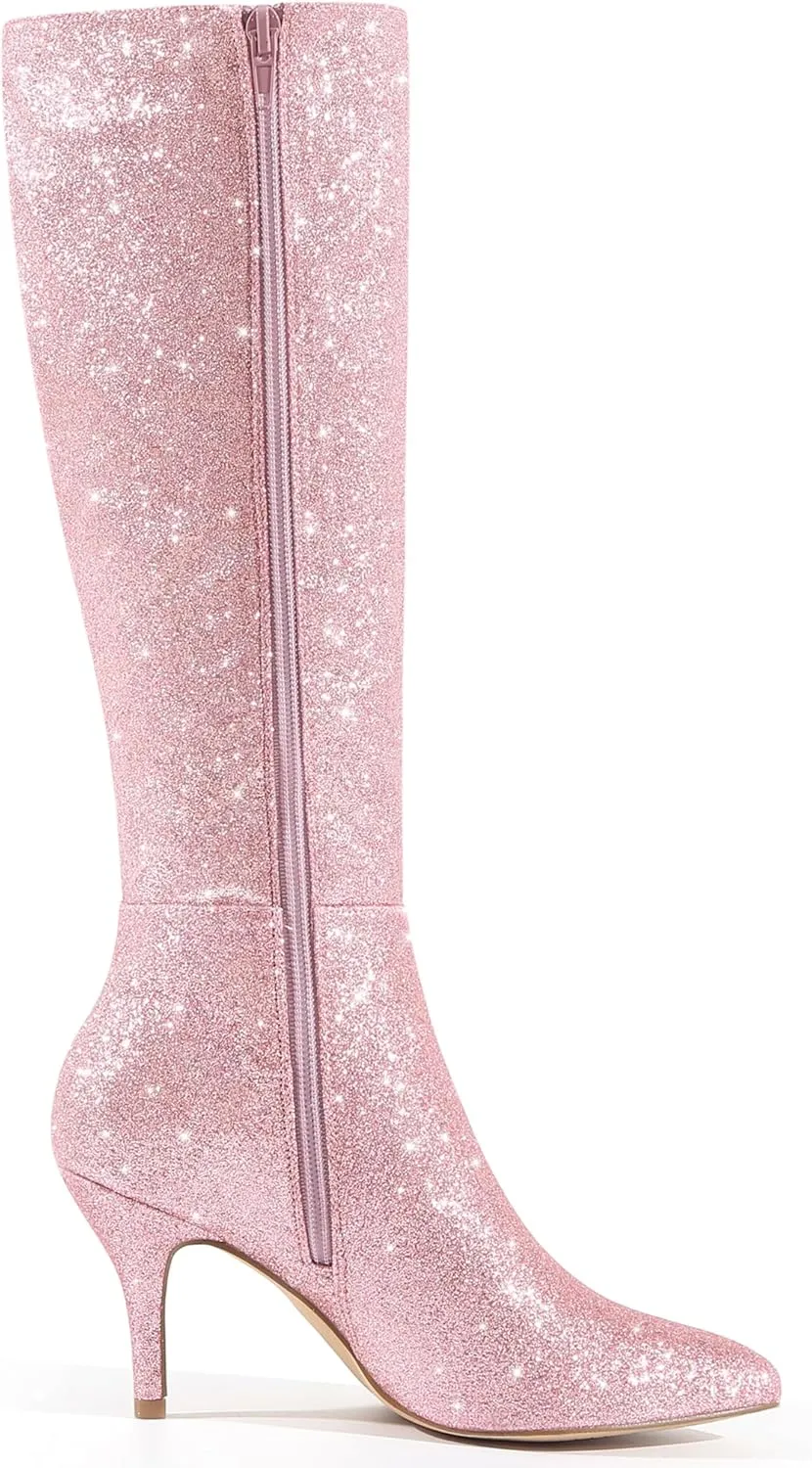 Perphy Glitter Pointed Toe Sparkly Stiletto Heel Knee High Boots for Women