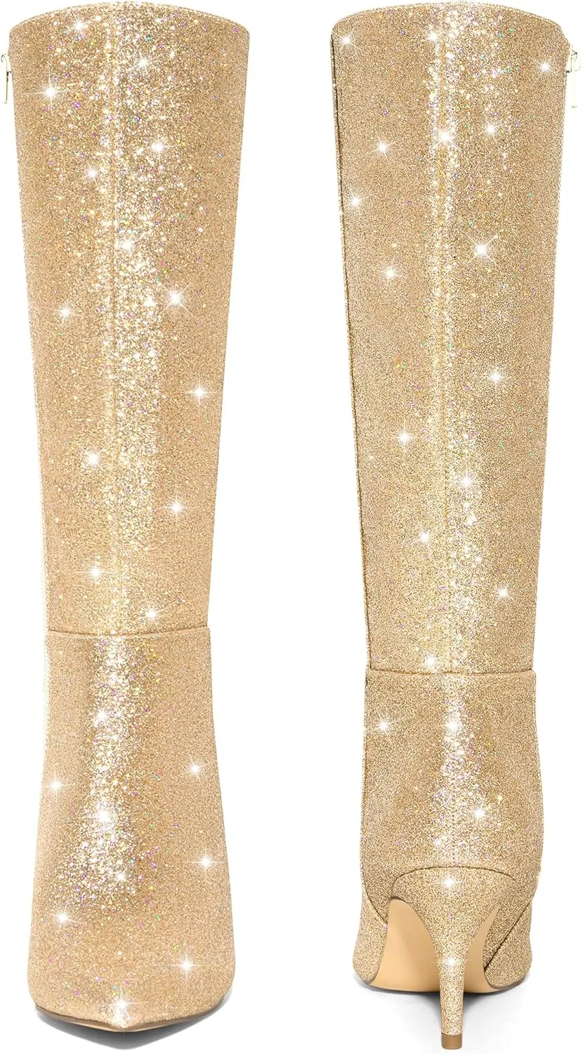 Perphy Glitter Pointed Toe Sparkly Stiletto Heel Knee High Boots for Women