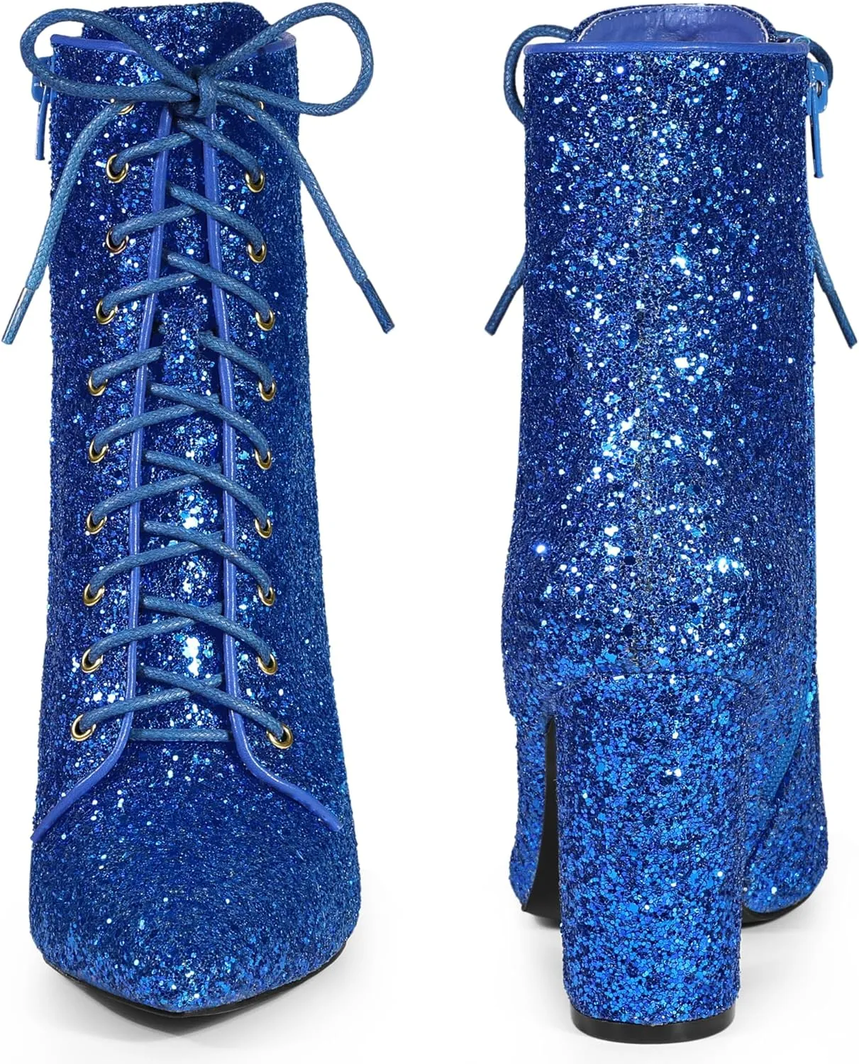 Perphy Glitter Sequin Boot Lace Up Pointed Toe Block Heel Glitter Ankle Boots for Women