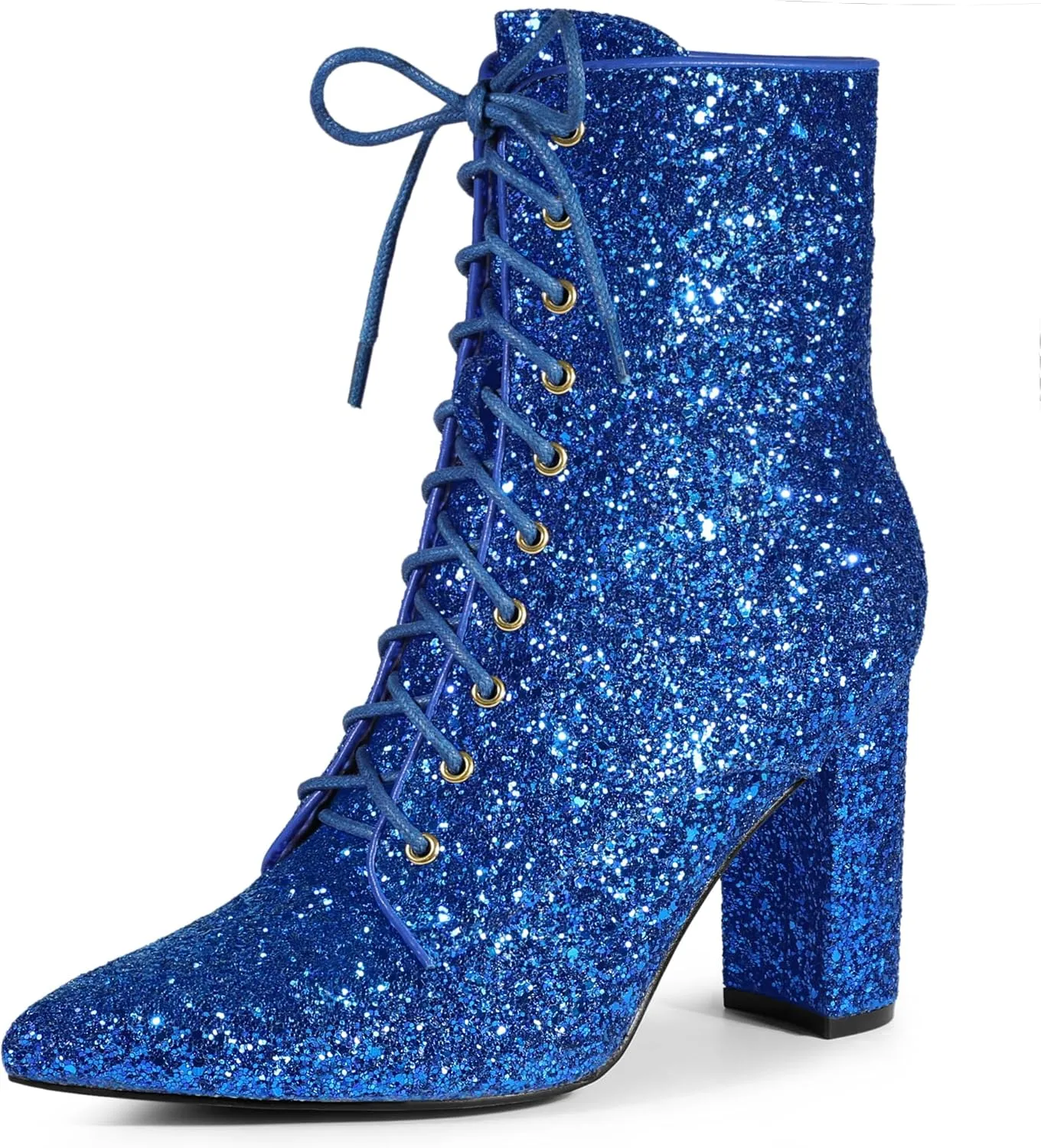 Perphy Glitter Sequin Boot Lace Up Pointed Toe Block Heel Glitter Ankle Boots for Women