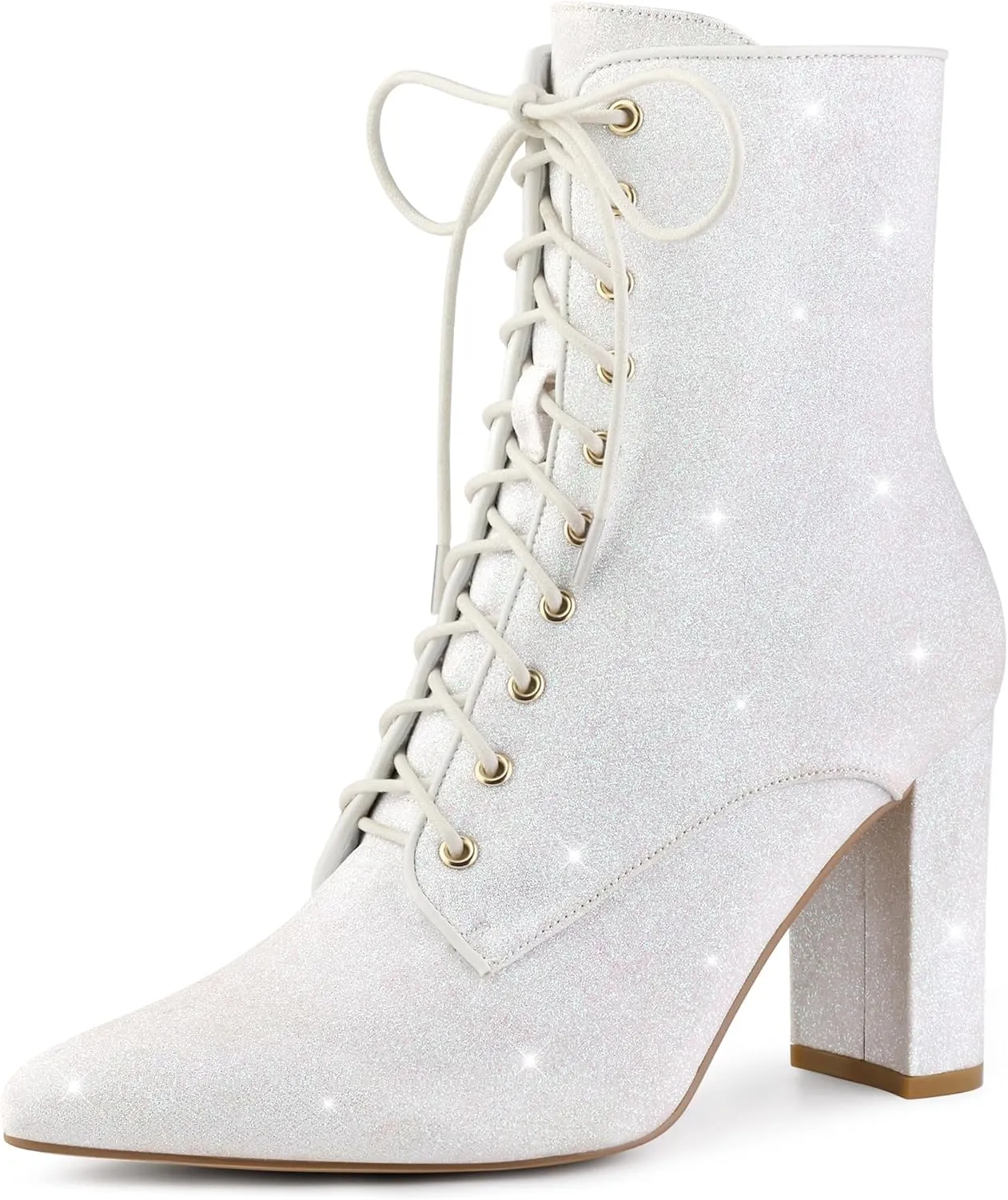 Perphy Glitter Sequin Boot Lace Up Pointed Toe Block Heel Glitter Ankle Boots for Women