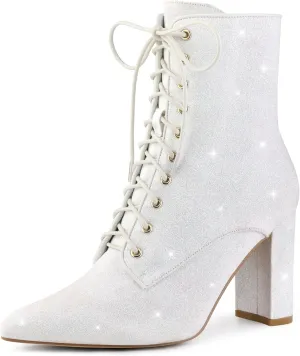 Perphy Glitter Sequin Boot Lace Up Pointed Toe Block Heel Glitter Ankle Boots for Women