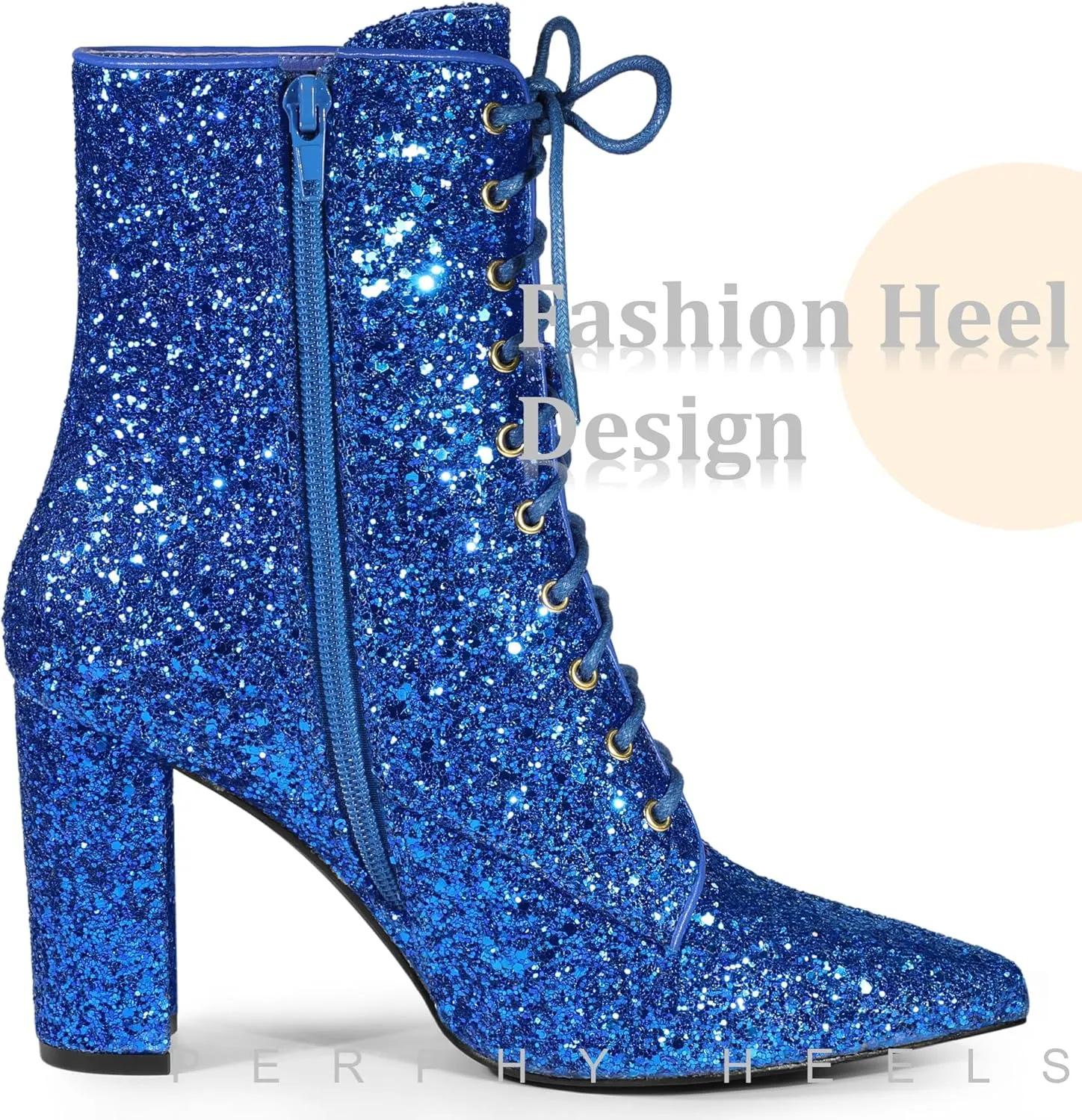 Perphy Glitter Sequin Boot Lace Up Pointed Toe Block Heel Glitter Ankle Boots for Women