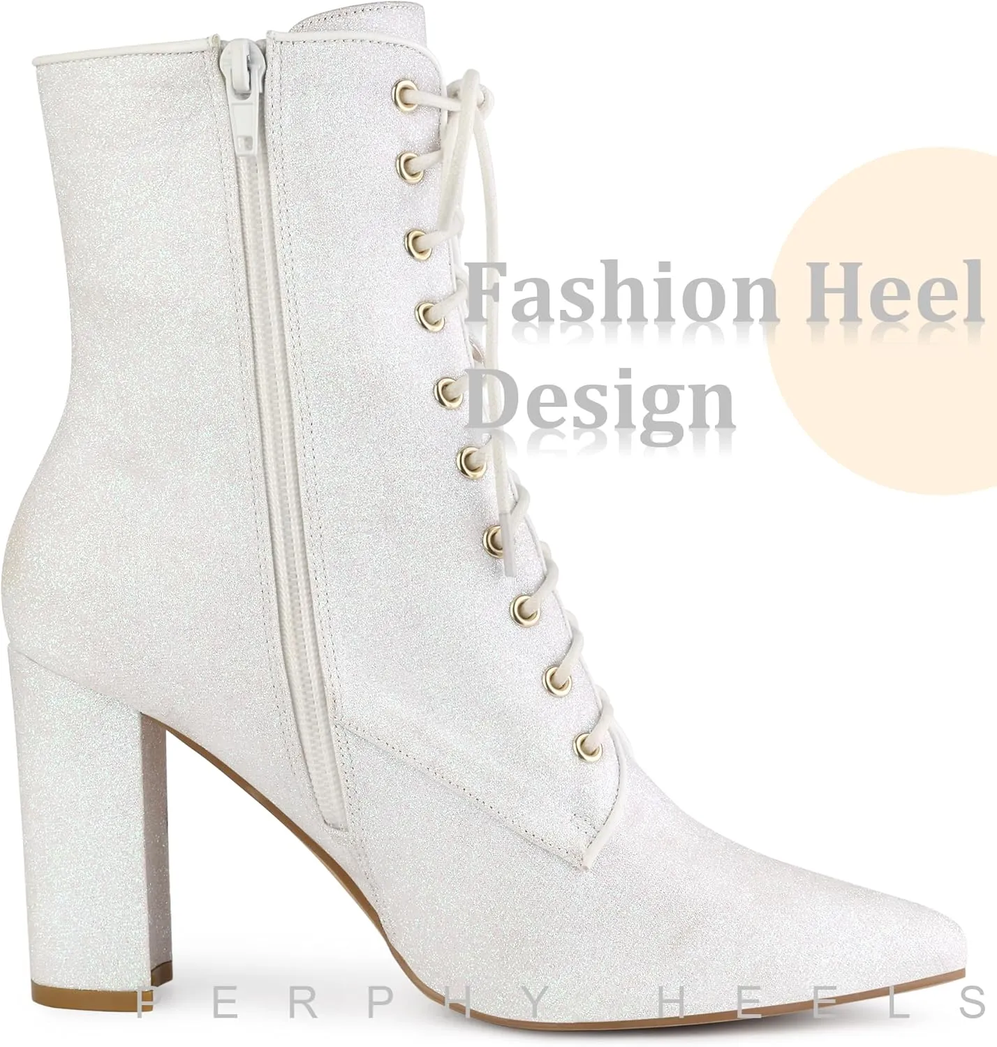 Perphy Glitter Sequin Boot Lace Up Pointed Toe Block Heel Glitter Ankle Boots for Women