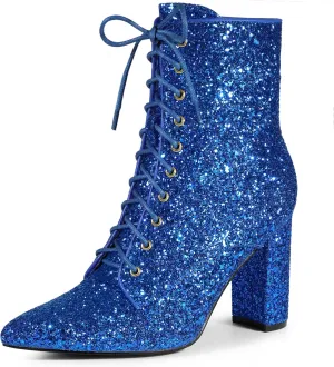 Perphy Glitter Sequin Boot Lace Up Pointed Toe Block Heel Glitter Ankle Boots for Women
