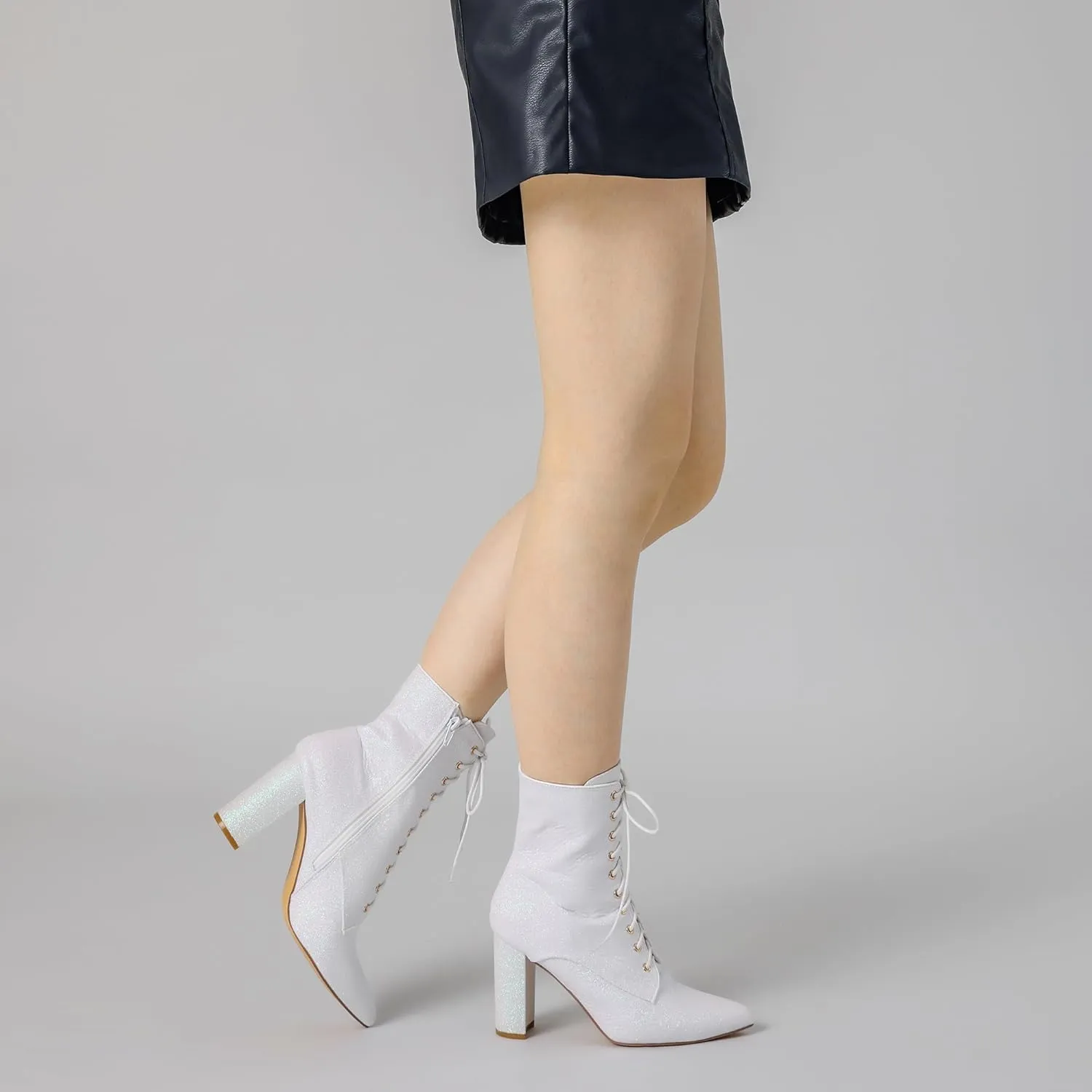 Perphy Glitter Sequin Boot Lace Up Pointed Toe Block Heel Glitter Ankle Boots for Women