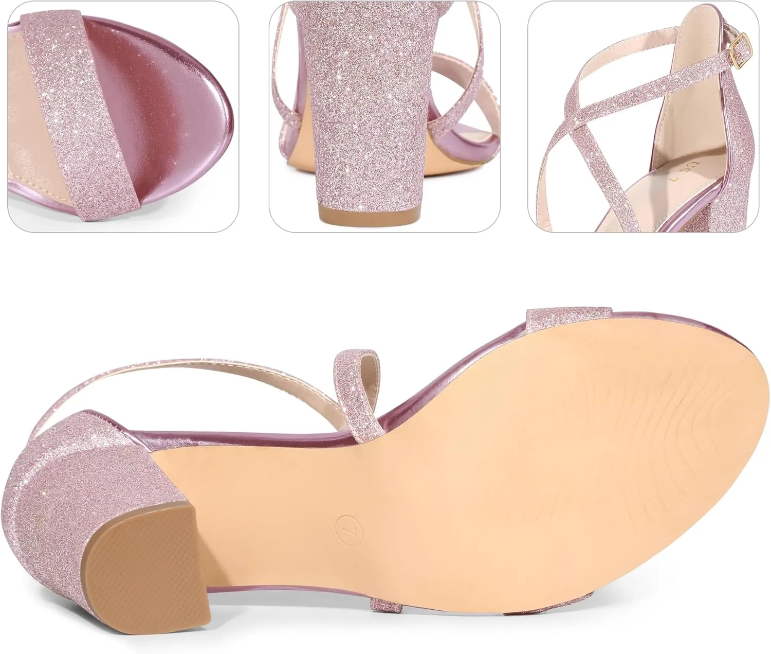 Perphy Glitter Sparkly Heels Crisscross Strap Chunky Heel Dress Shoes Sandals for Women