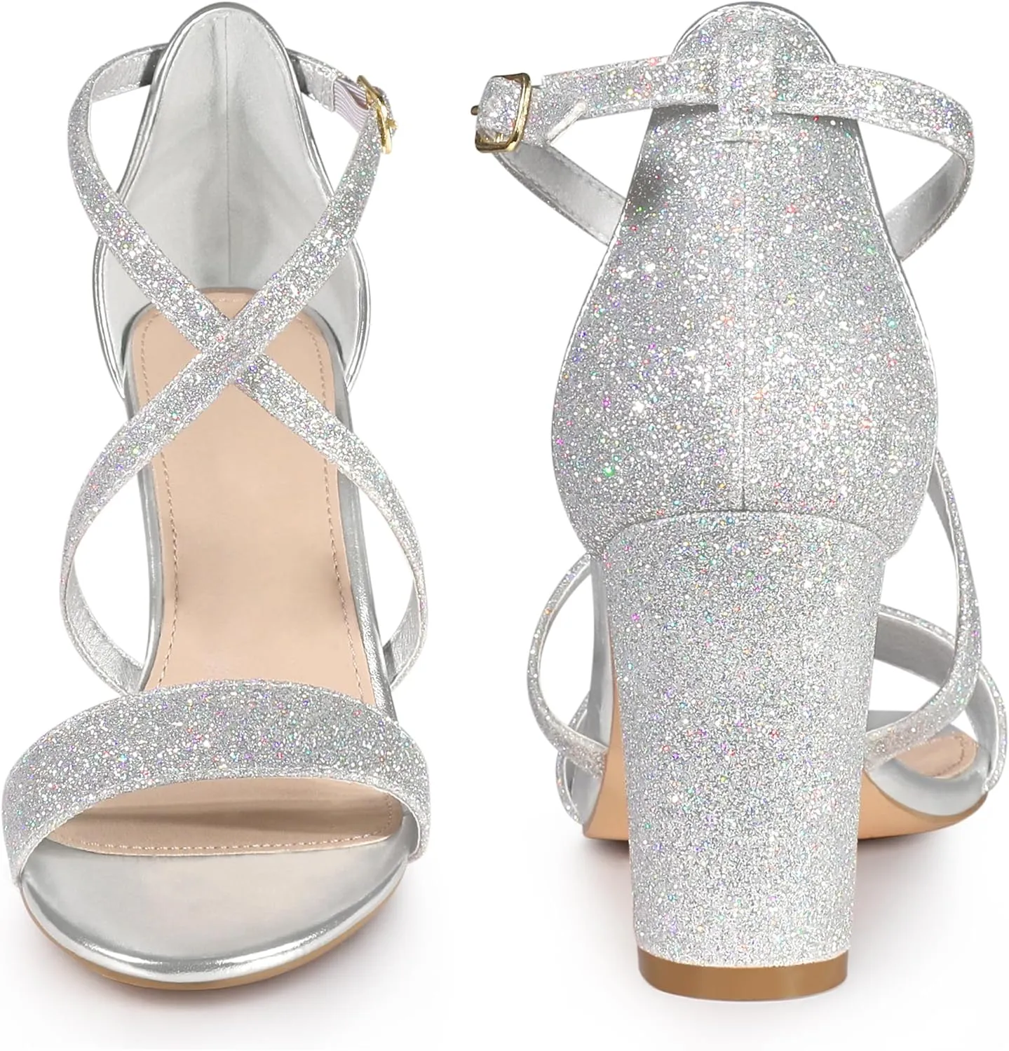 Perphy Glitter Sparkly Heels Crisscross Strap Chunky Heel Dress Shoes Sandals for Women