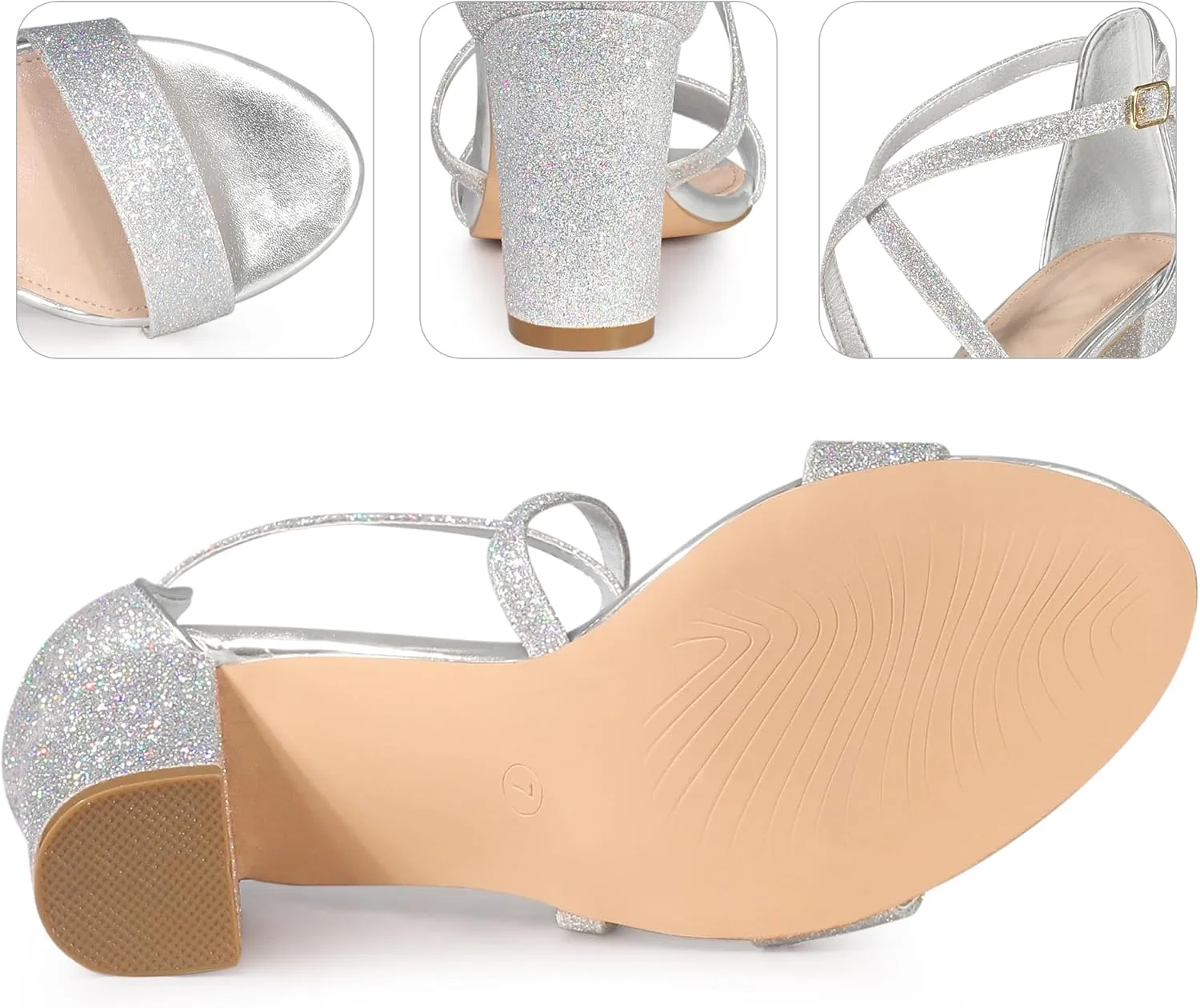 Perphy Glitter Sparkly Heels Crisscross Strap Chunky Heel Dress Shoes Sandals for Women