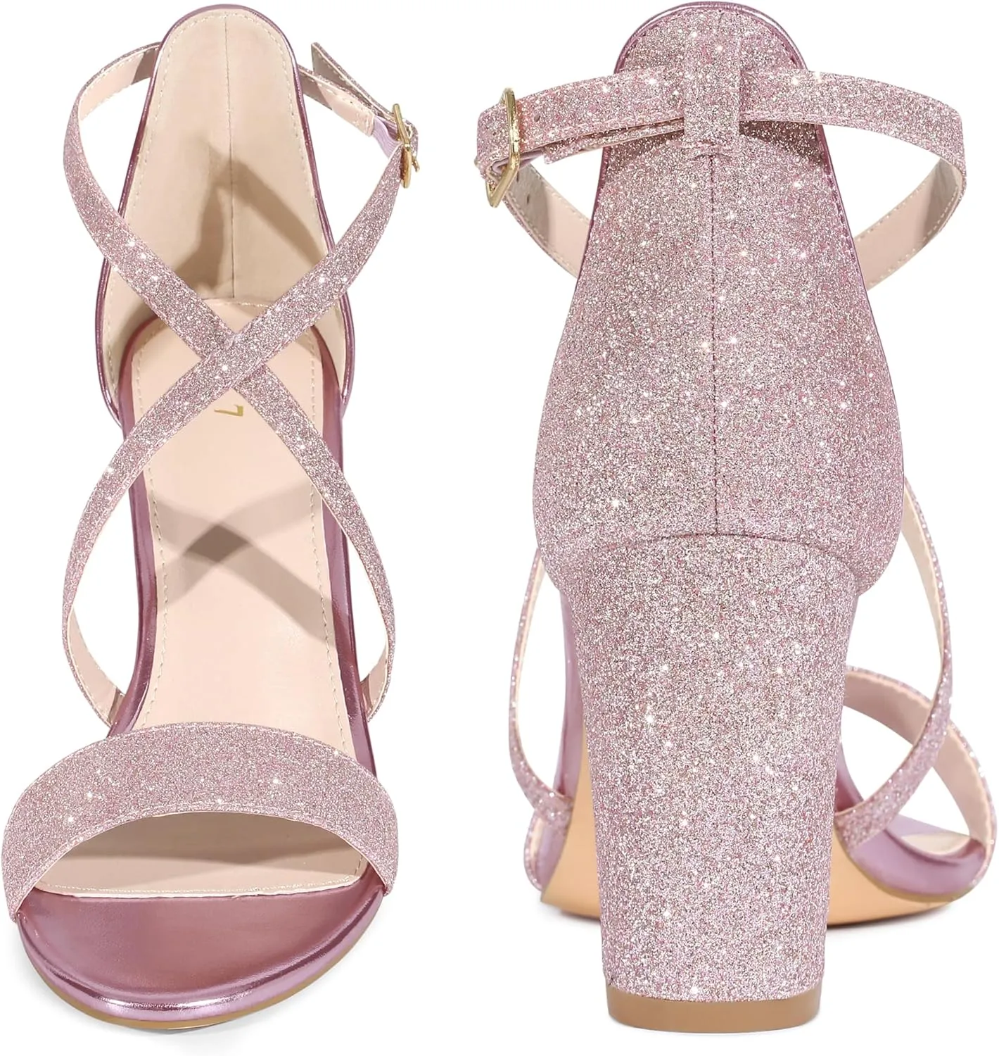 Perphy Glitter Sparkly Heels Crisscross Strap Chunky Heel Dress Shoes Sandals for Women
