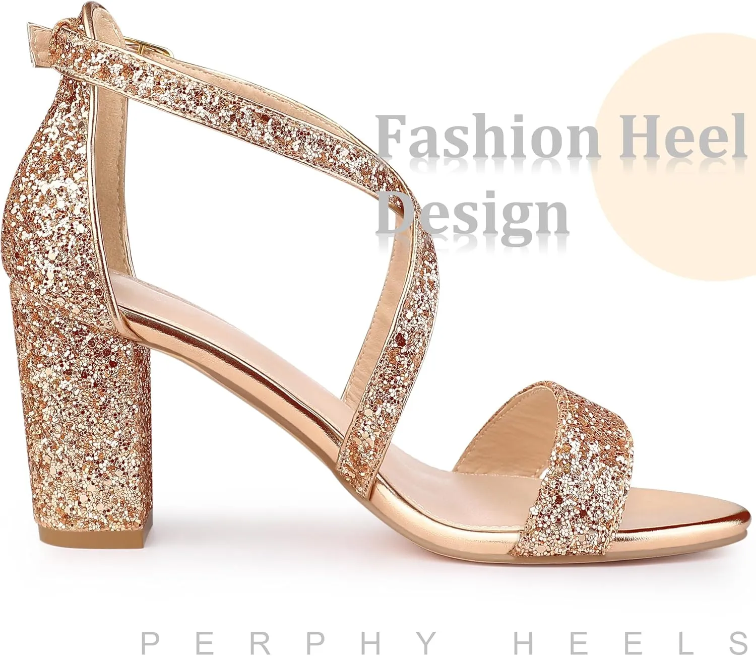 Perphy Glitter Sparkly Heels Crisscross Strap Chunky Heel Dress Shoes Sandals for Women
