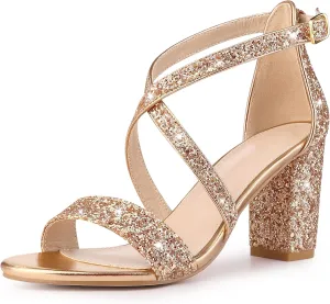 Perphy Glitter Sparkly Heels Crisscross Strap Chunky Heel Dress Shoes Sandals for Women