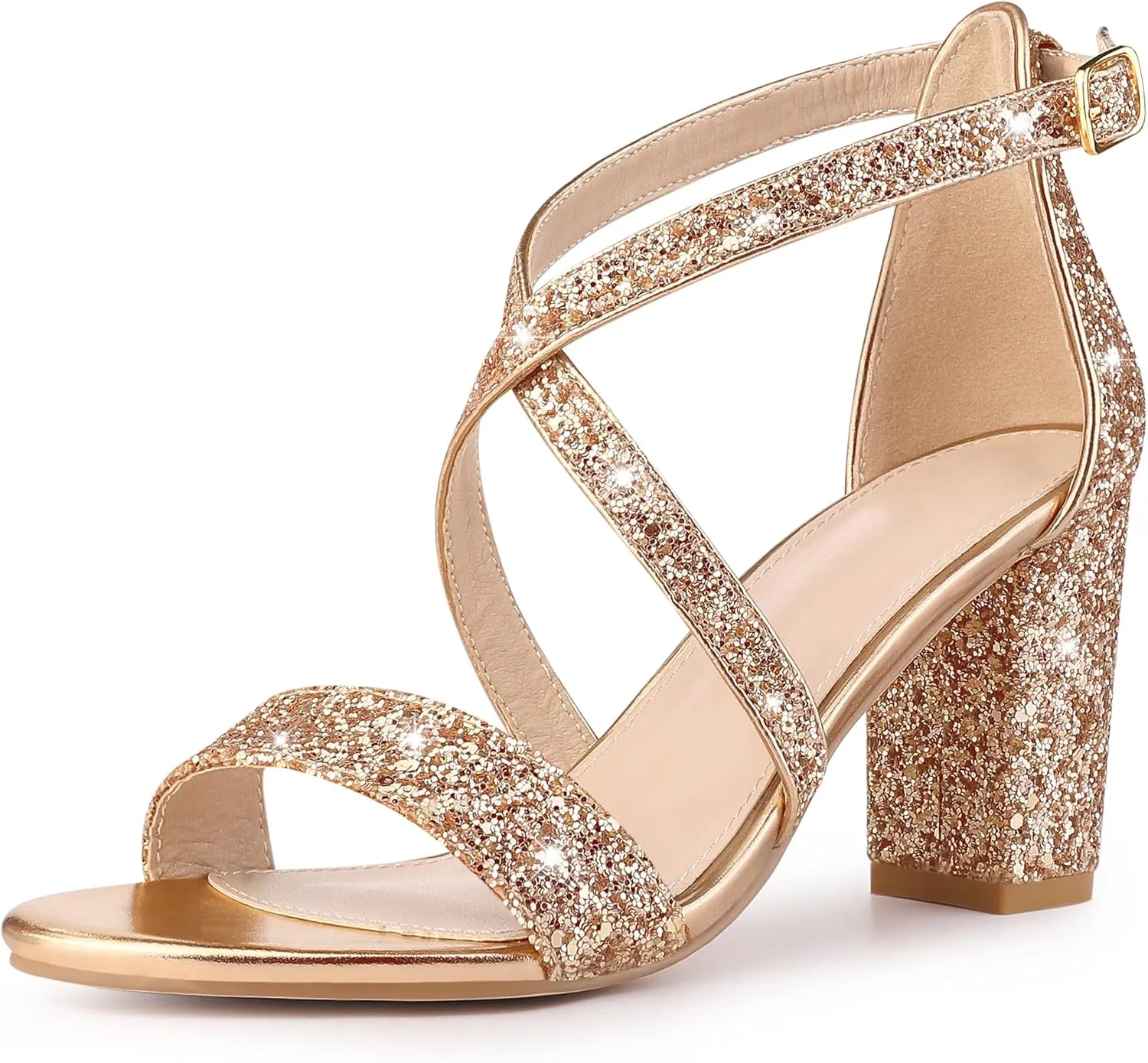 Perphy Glitter Sparkly Heels Crisscross Strap Chunky Heel Dress Shoes Sandals for Women