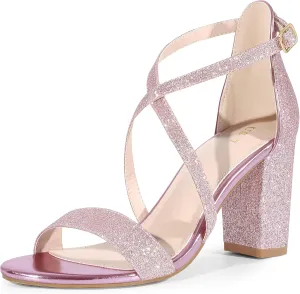 Perphy Glitter Sparkly Heels Crisscross Strap Chunky Heel Dress Shoes Sandals for Women