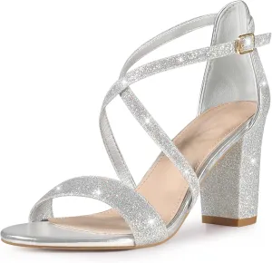 Perphy Glitter Sparkly Heels Crisscross Strap Chunky Heel Dress Shoes Sandals for Women