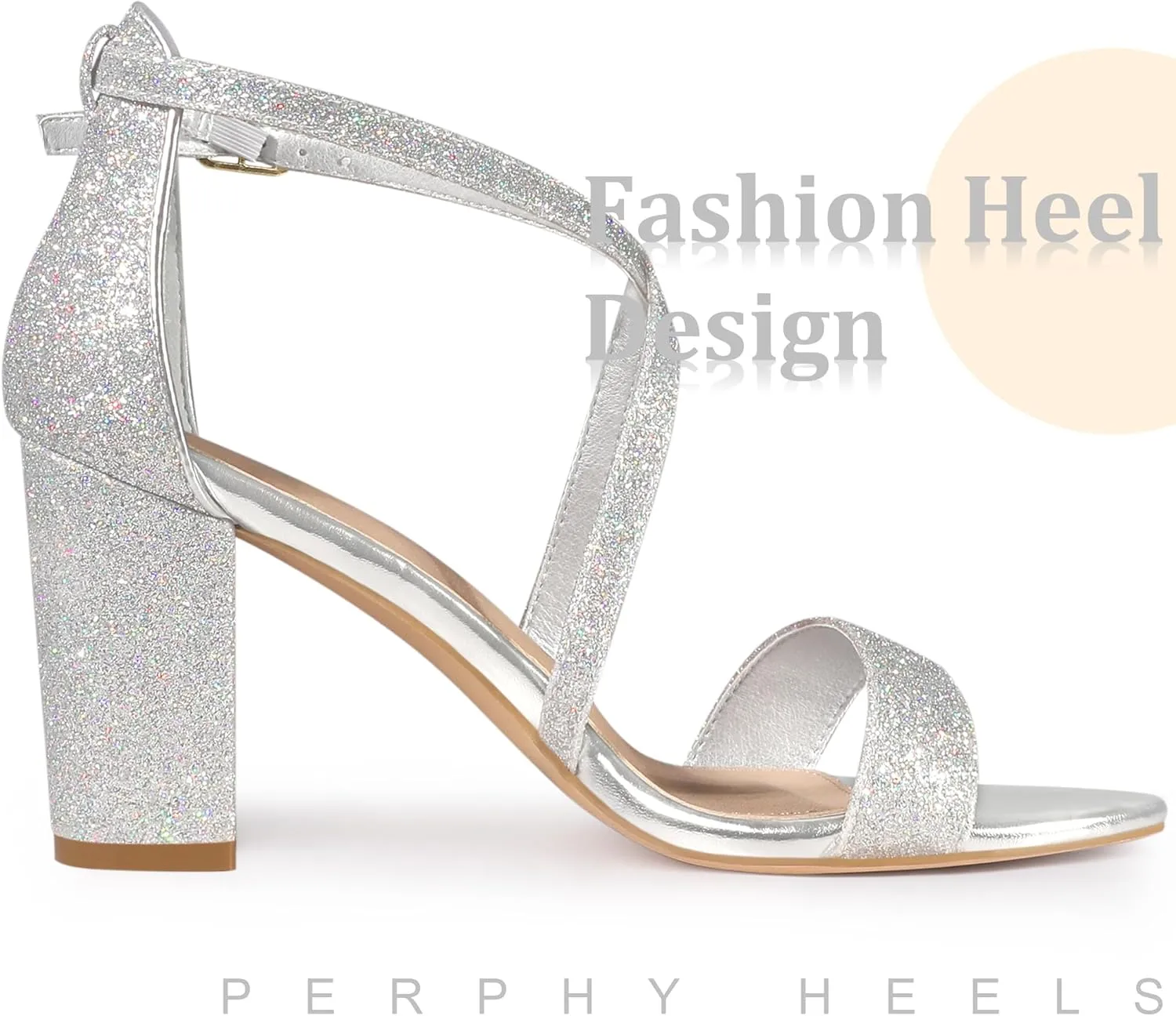 Perphy Glitter Sparkly Heels Crisscross Strap Chunky Heel Dress Shoes Sandals for Women