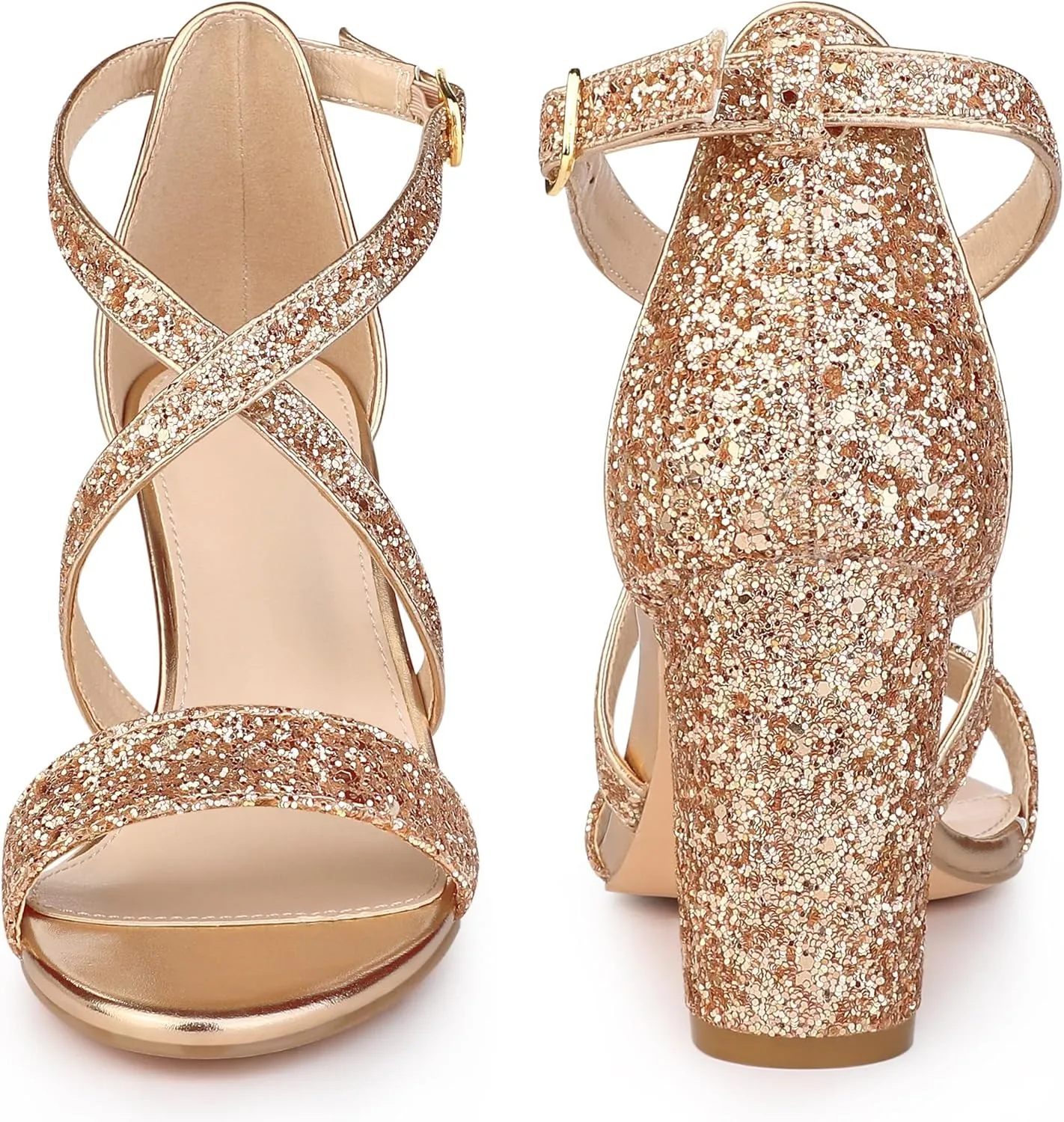 Perphy Glitter Sparkly Heels Crisscross Strap Chunky Heel Dress Shoes Sandals for Women