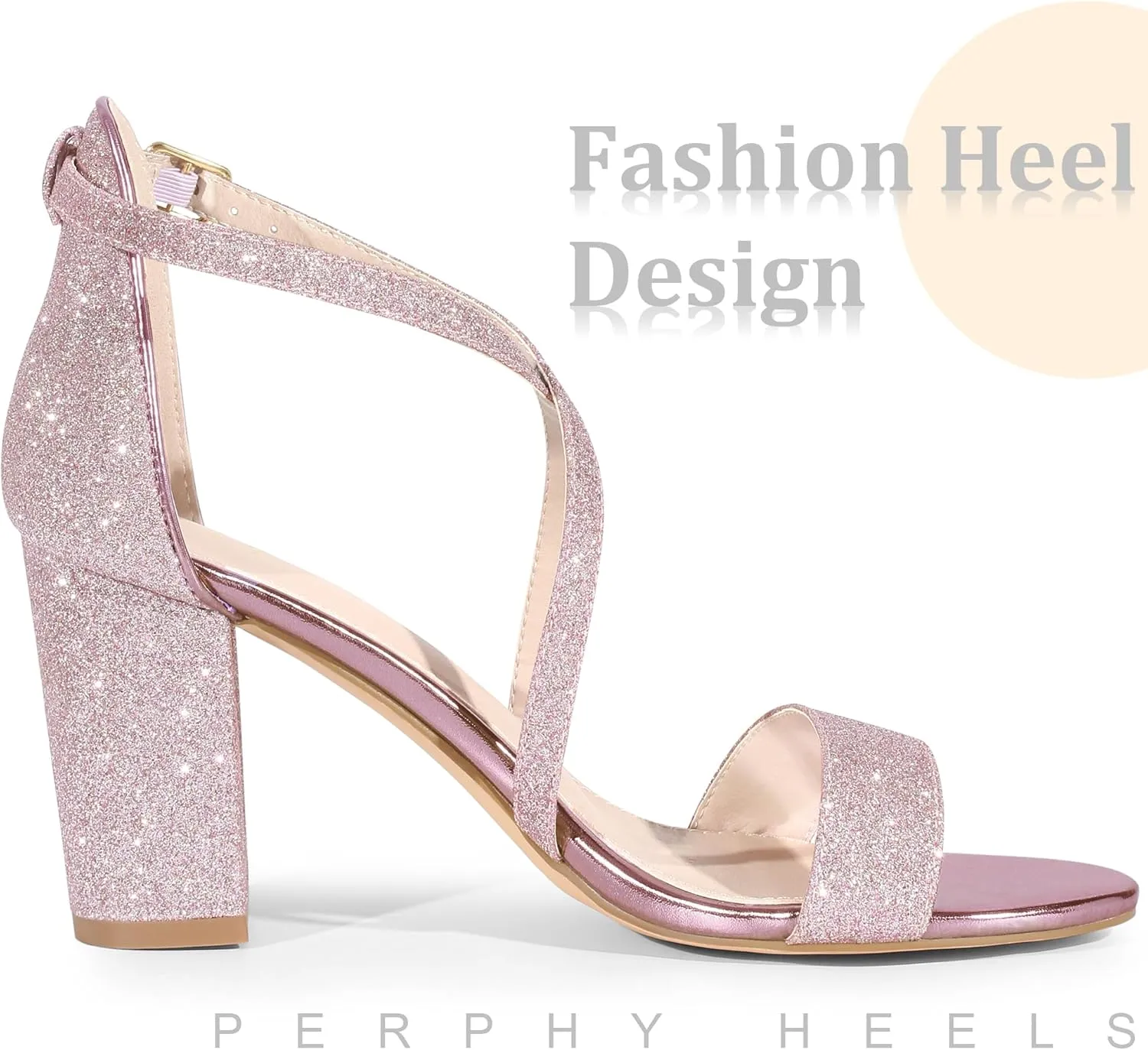 Perphy Glitter Sparkly Heels Crisscross Strap Chunky Heel Dress Shoes Sandals for Women