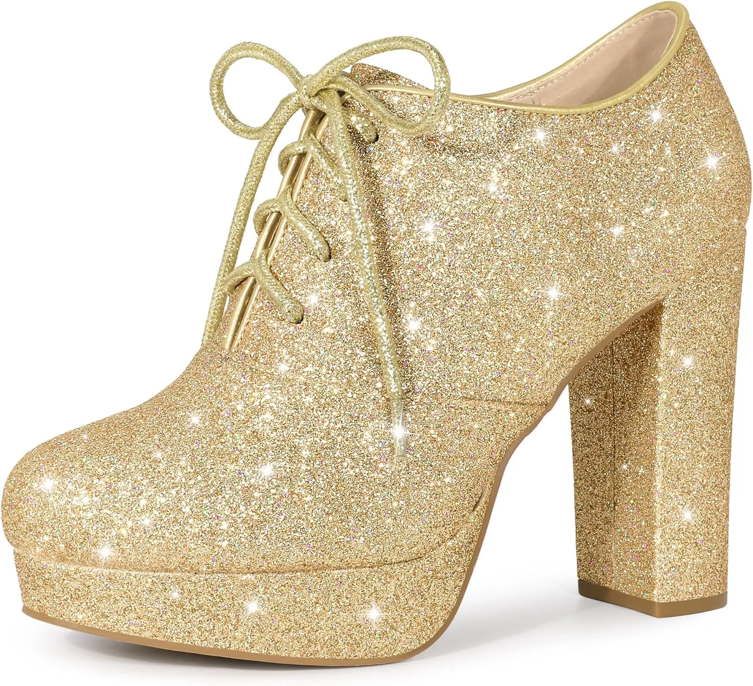 Perphy Lace up Chunky Heel Platform Glitter Ankle Booties for Women