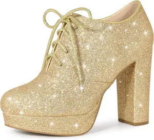 Perphy Lace up Chunky Heel Platform Glitter Ankle Booties for Women