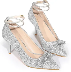 Perphy Rhinestone Bow Glitter Pointed Toe Stiletto Heel Pumps for Women