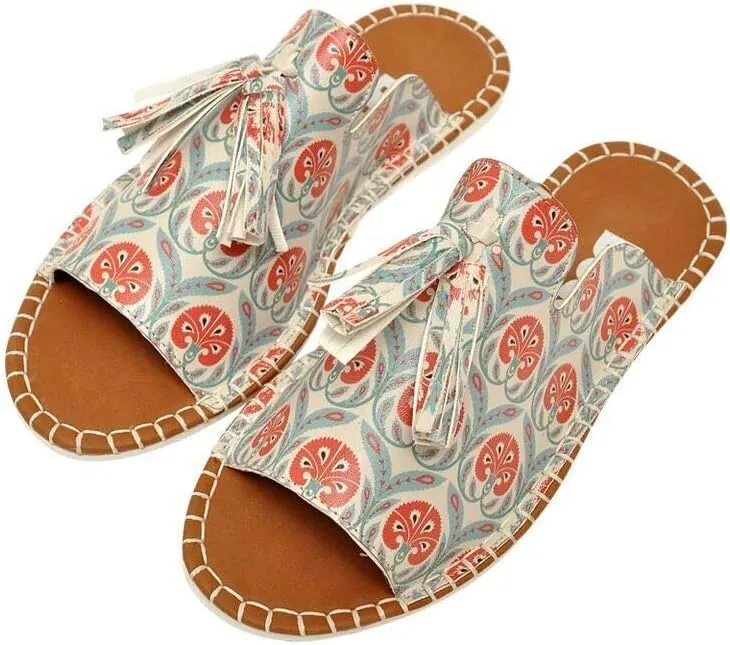 Personalize Your Life Pine - Printed Flat Slide Slippers - Tassel Detail - Everyday Fashion - Chic, Elegant, and Casual Style - Vegan, Environmentally Friendly and Handmade - Breathable Content