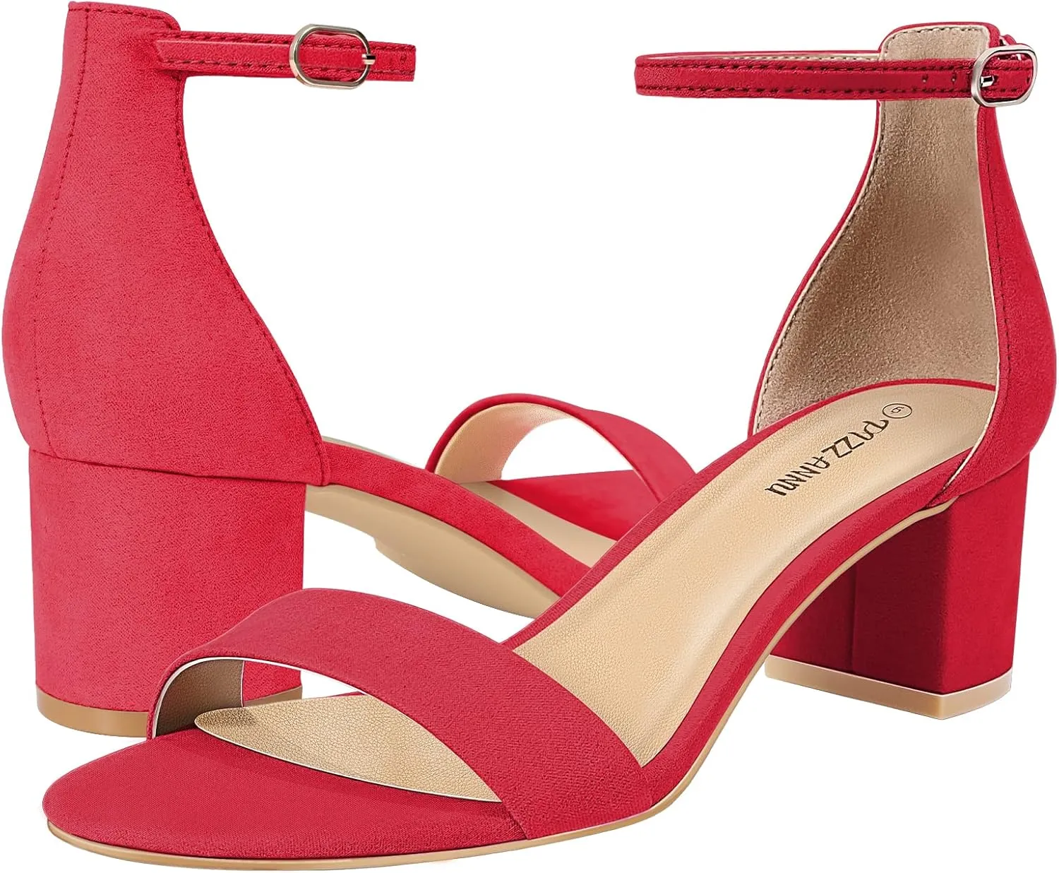 PIZZ ANNU Women's Low Block Chunky Heels Sandals Comfortable Open Toe Ankle Strap Party Dress Pump Shoes Strappy Buckle Heeled Sandal with 2 Inches Tall Thick Heel Design