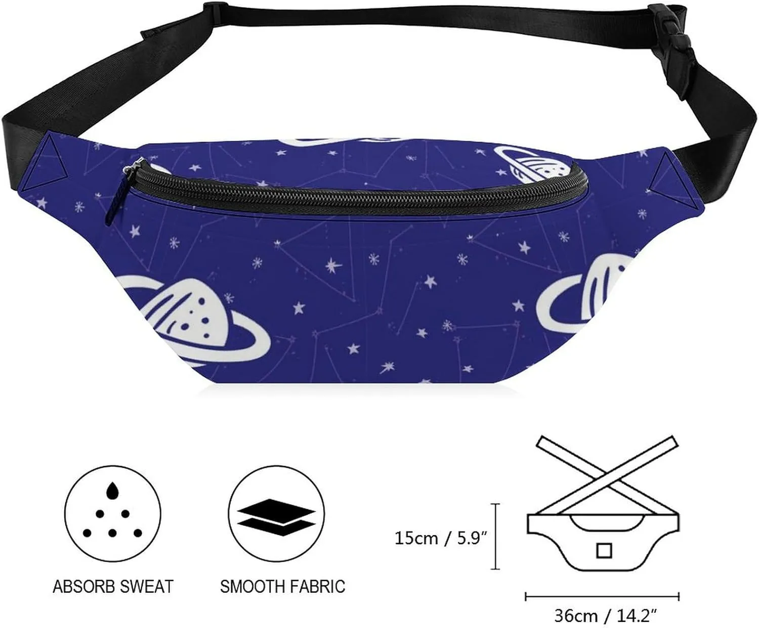 Planets And Stars Pattern Large Crossbody Fanny Packfor Women Men Waist Pack for Running with Adjustable Strap for Sports Casual Bag 36 * 15cm