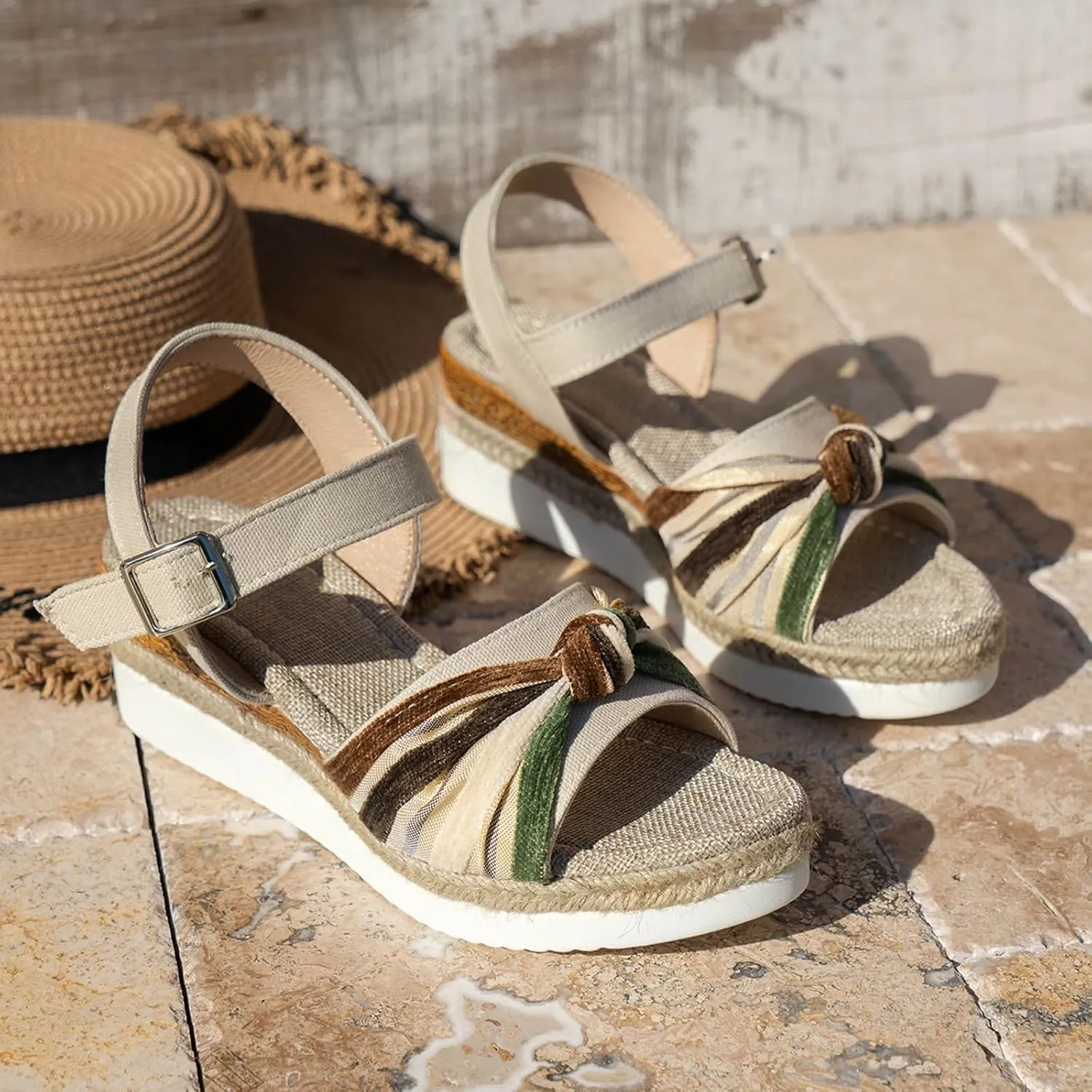 Platform Sandals Women Open Toe Buckle Ankle Strap Espadrilles Womens Casual Slip on Summer Wedge Sandals