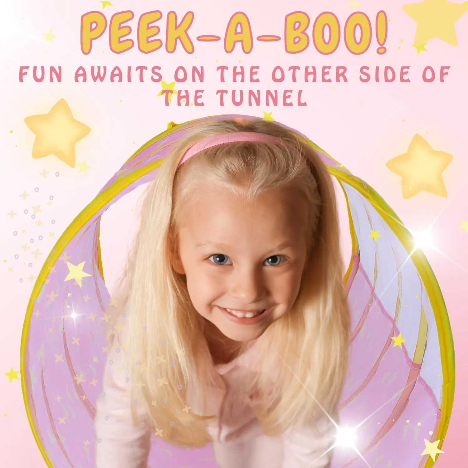 Play Tunnel for Toddlers 1-3, Tunnel for Kids to Craw Through Sensory Toys for 1 Year Old Boy Girl Babies Kids, Indoor, Pink Star Pattern Outdoor Great for Motor Function