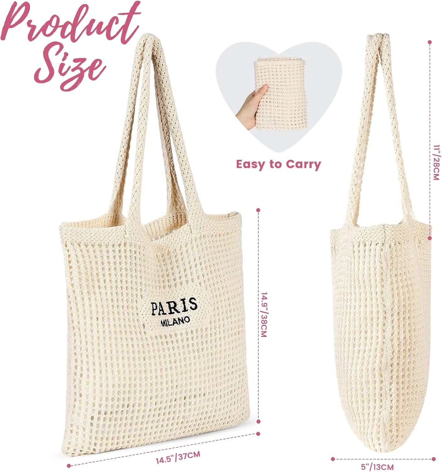 Pleneal Crochet Tote Bag, Mesh Beach Bag, Knitted Shoulder Bag Vacation Arsthetic Boho Tote Bag for Women