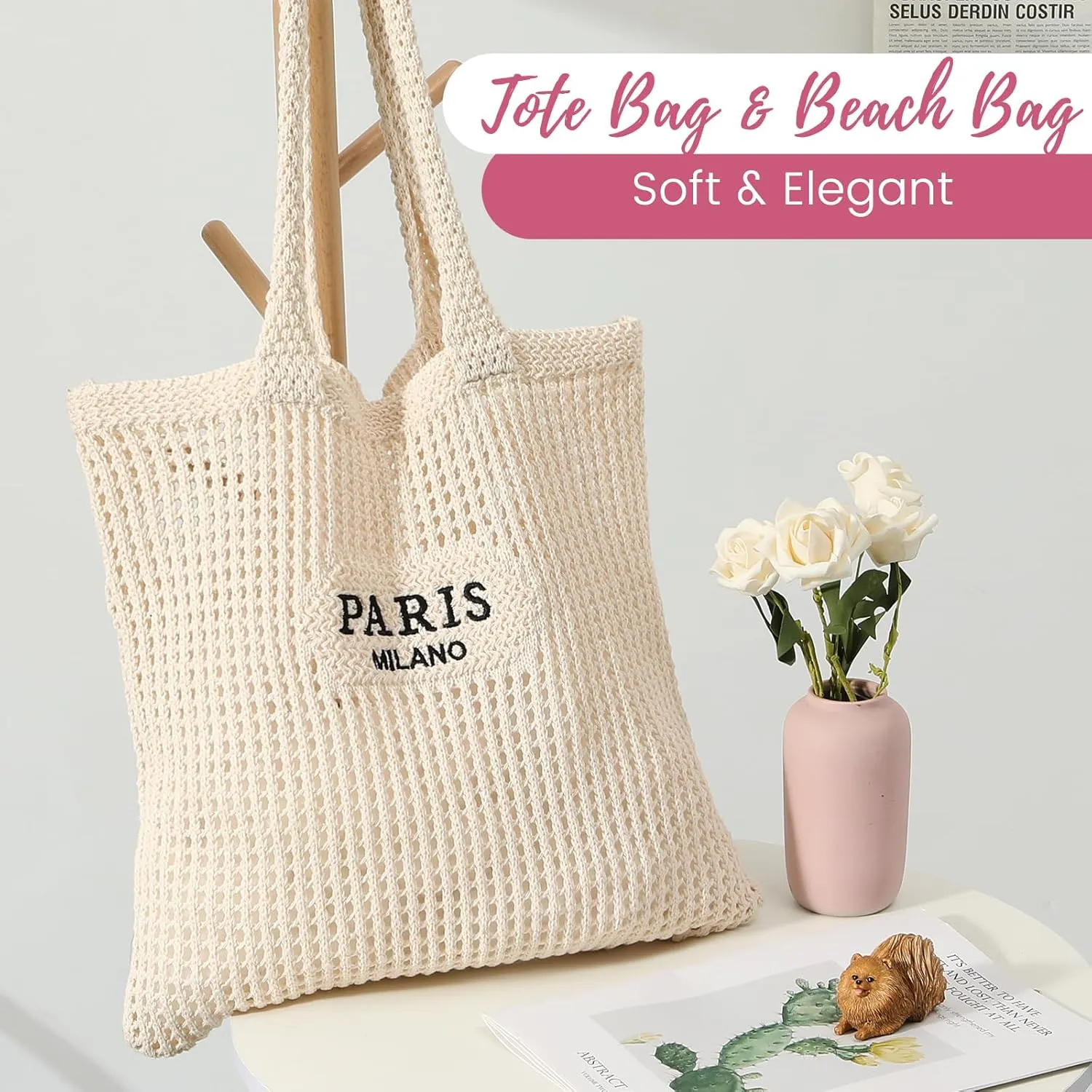 Pleneal Crochet Tote Bag, Mesh Beach Bag, Knitted Shoulder Bag Vacation Arsthetic Boho Tote Bag for Women