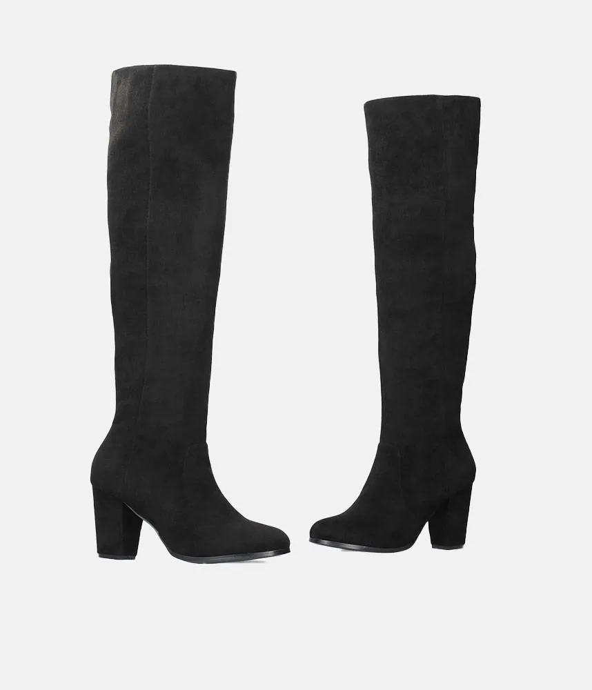 Plush Black Suede Knee High Long Boots