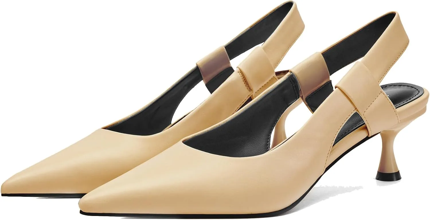 Pointed Toe Slingback Kitten Heels for Women, Leather Stiletto Heel Pumps with Elastic Strap Elegant Bridal Heel Dating Party Work Office Backless Pumps Shoes