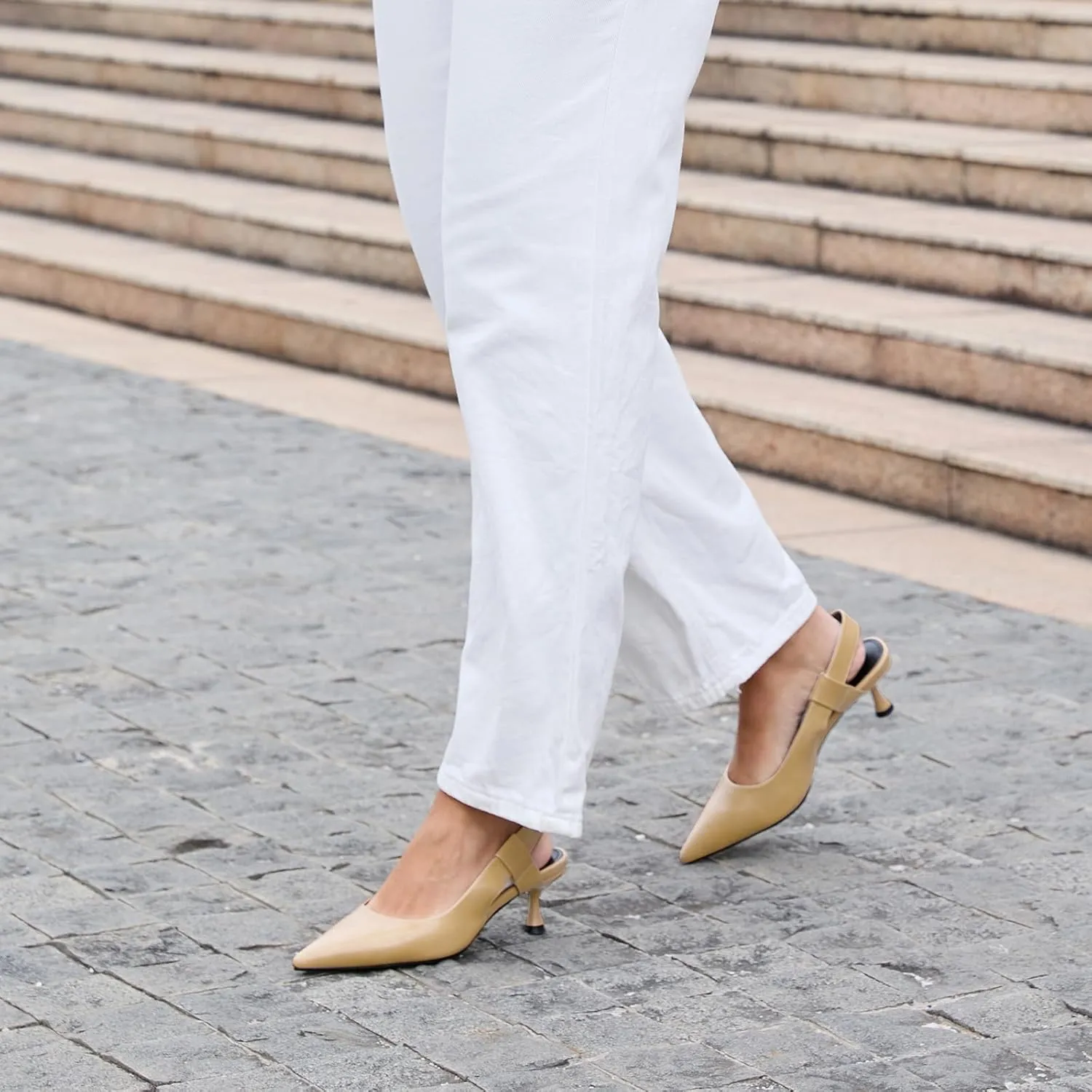 Pointed Toe Slingback Kitten Heels for Women, Leather Stiletto Heel Pumps with Elastic Strap Elegant Bridal Heel Dating Party Work Office Backless Pumps Shoes