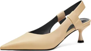 Pointed Toe Slingback Kitten Heels for Women, Leather Stiletto Heel Pumps with Elastic Strap Elegant Bridal Heel Dating Party Work Office Backless Pumps Shoes