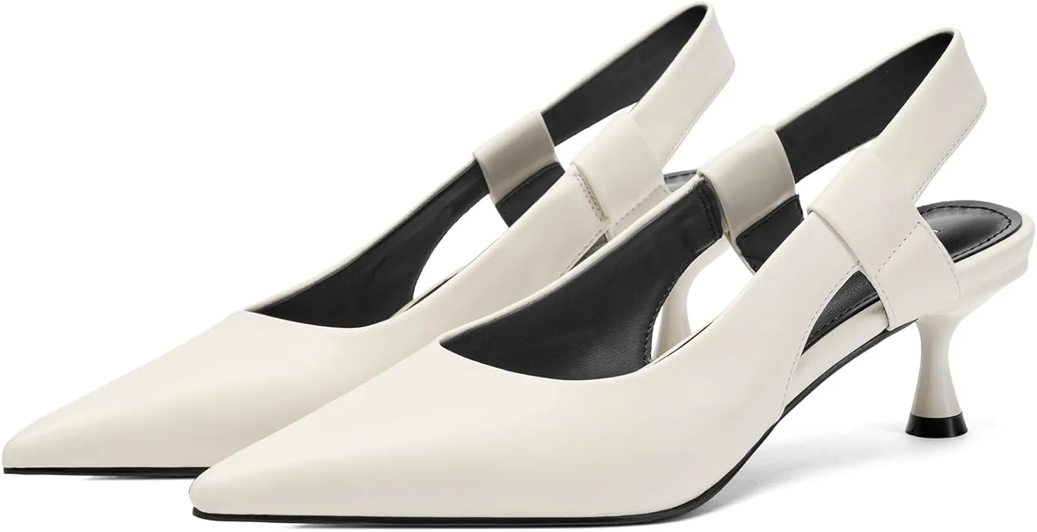 Pointed Toe Slingback Kitten Heels for Women, Leather Stiletto Heel Pumps with Elastic Strap Elegant Bridal Heel Dating Party Work Office Backless Pumps Shoes