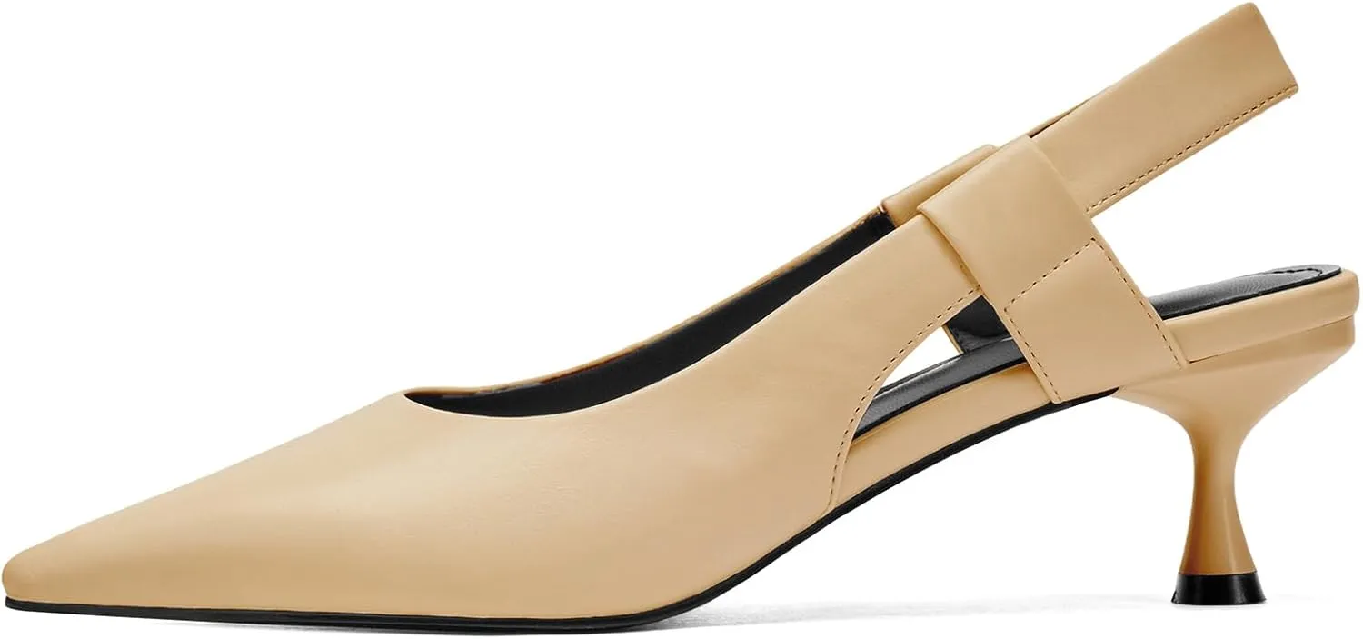 Pointed Toe Slingback Kitten Heels for Women, Leather Stiletto Heel Pumps with Elastic Strap Elegant Bridal Heel Dating Party Work Office Backless Pumps Shoes