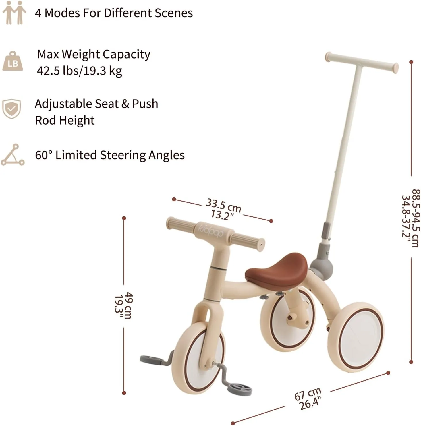 Pony 4-in-1 Kids' Tricycles Pedal Vehicles for 1-4 Push Slide Ride On Toy Balance Bike Baby Walker Stroller (Beige)