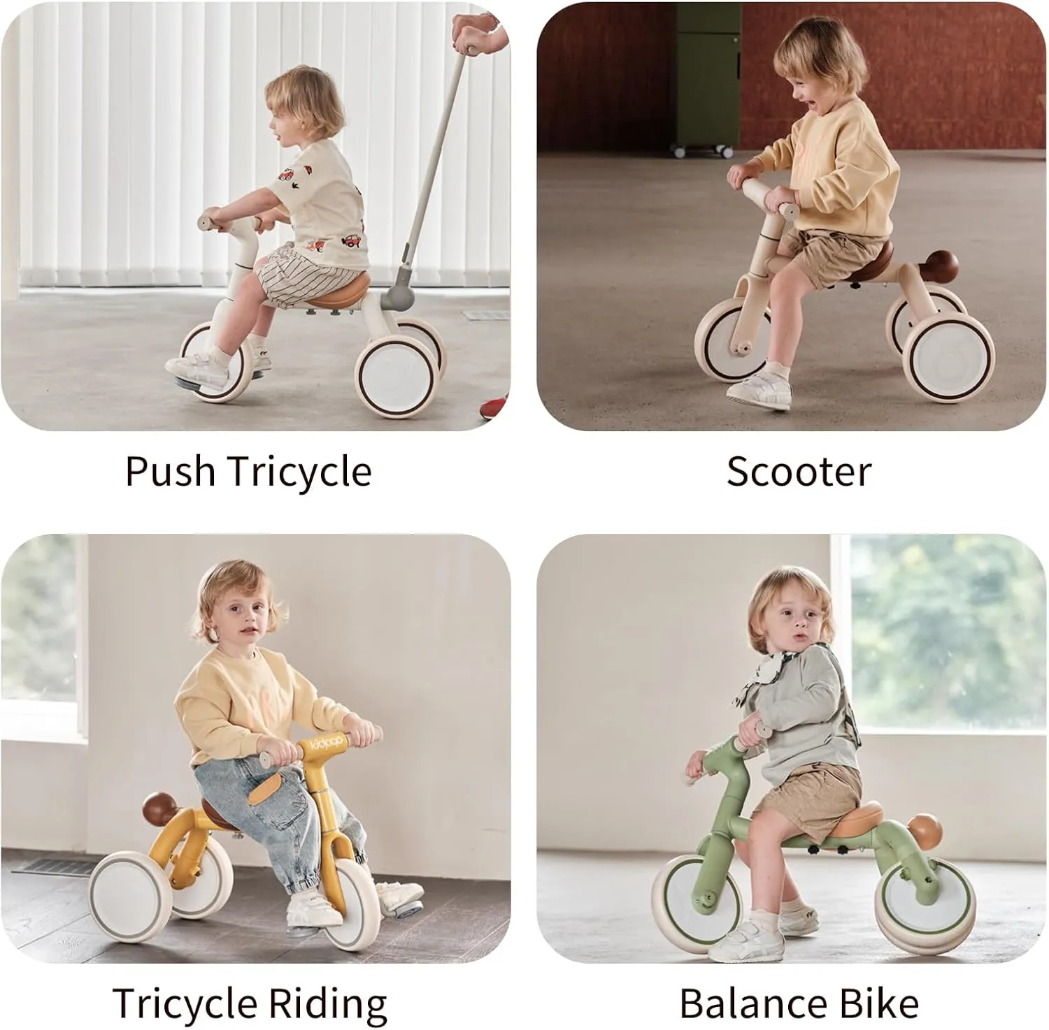 Pony 4-in-1 Kids' Tricycles Pedal Vehicles for 1-4 Push Slide Ride On Toy Balance Bike Baby Walker Stroller (Beige)