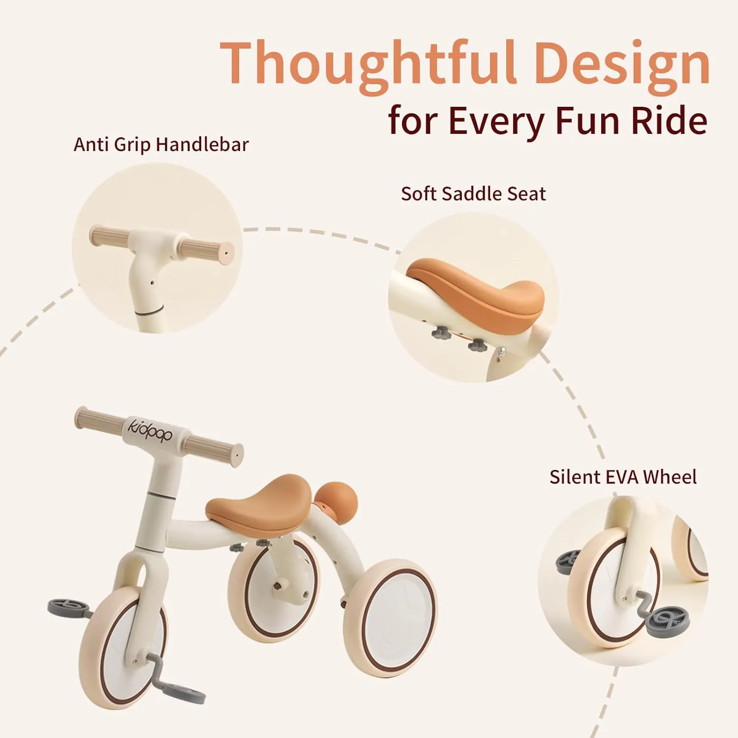 Pony 4-in-1 Kids' Tricycles Pedal Vehicles for 1-4 Push Slide Ride On Toy Balance Bike Baby Walker Stroller (Beige)
