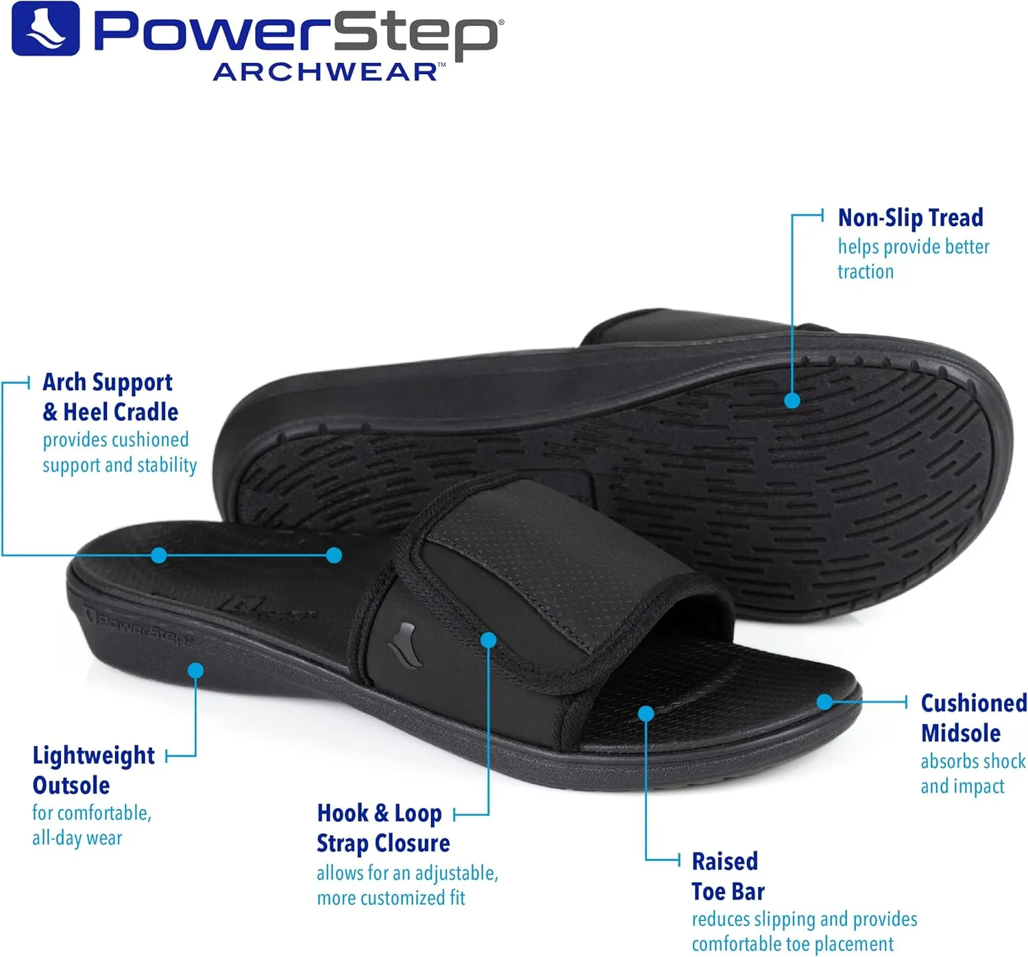 Powerstep ArchWear, Men's Slide Sandal with Arch Support, Plantar Fasciitis Pain Relief, Lightweight Orthotic Sandal