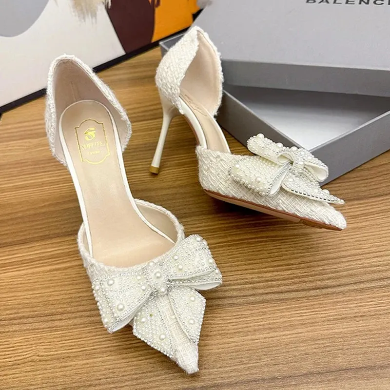 Pretty Pearl Crystal Bowtie White Wedding Shoes for Party Women