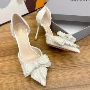 Pretty Pearl Crystal Bowtie White Wedding Shoes for Party Women