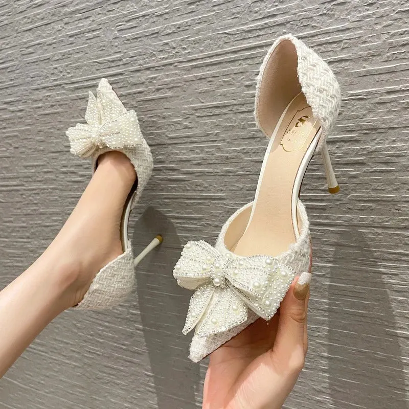 Pretty Pearl Crystal Bowtie White Wedding Shoes for Party Women