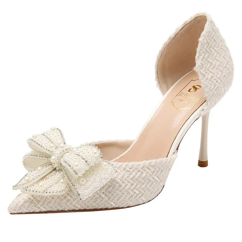 Pretty Pearl Crystal Bowtie White Wedding Shoes for Party Women
