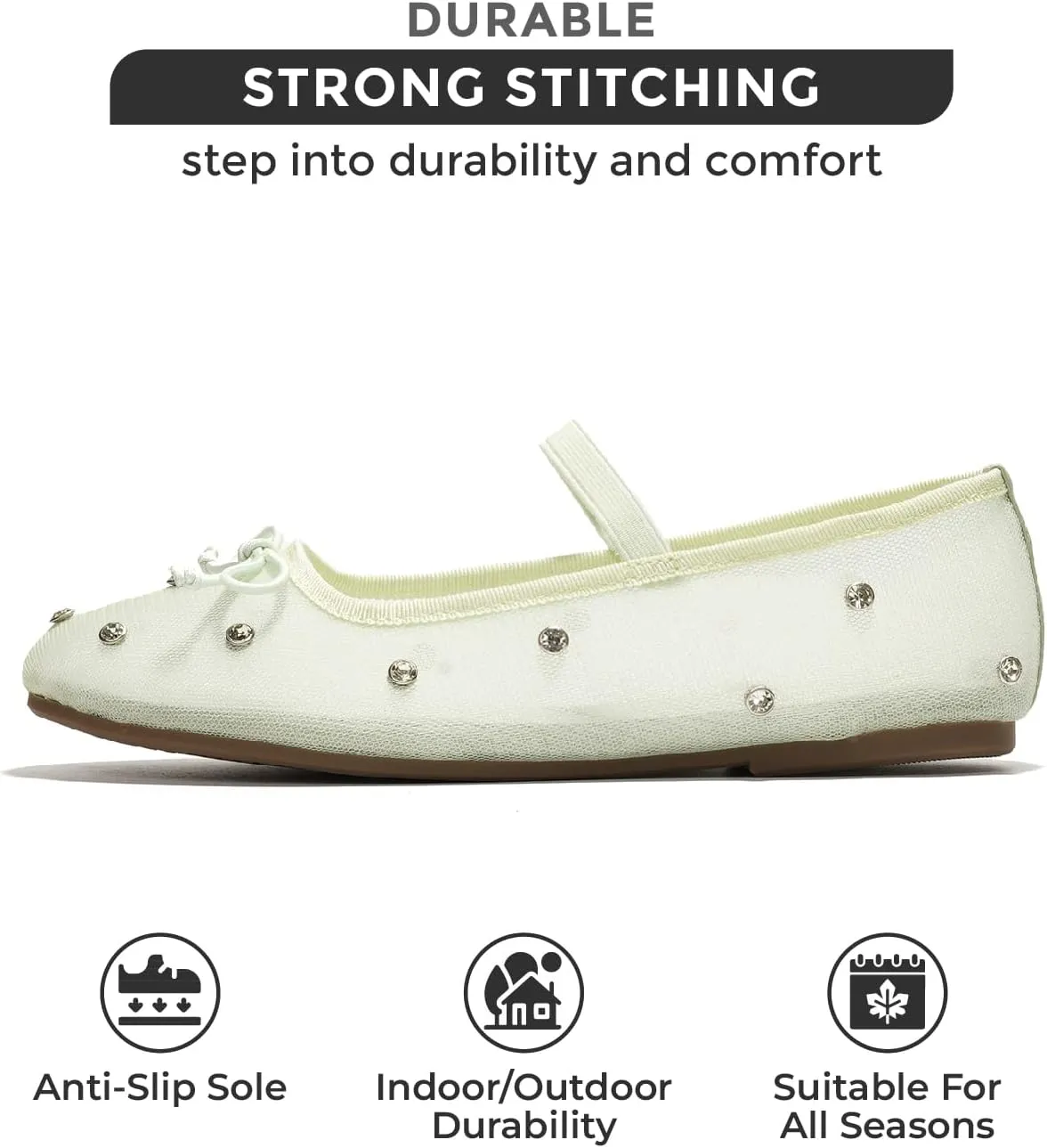 Project Cloud Ballet Flats for Women - Crystal-Embellished Mesh Ballet Flats for Women Footwear - Non-Slip Mary Jane Shoes with Memory Foam - Casual Footwear for All-Day Comfort (Amity)