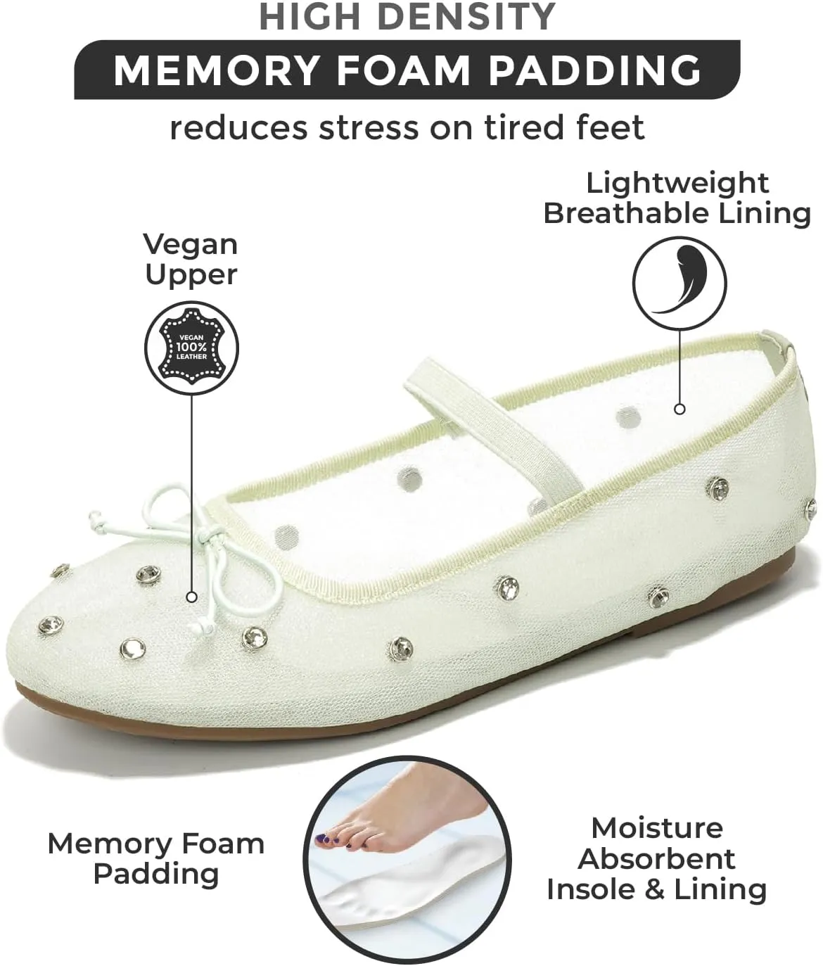 Project Cloud Ballet Flats for Women - Crystal-Embellished Mesh Ballet Flats for Women Footwear - Non-Slip Mary Jane Shoes with Memory Foam - Casual Footwear for All-Day Comfort (Amity)