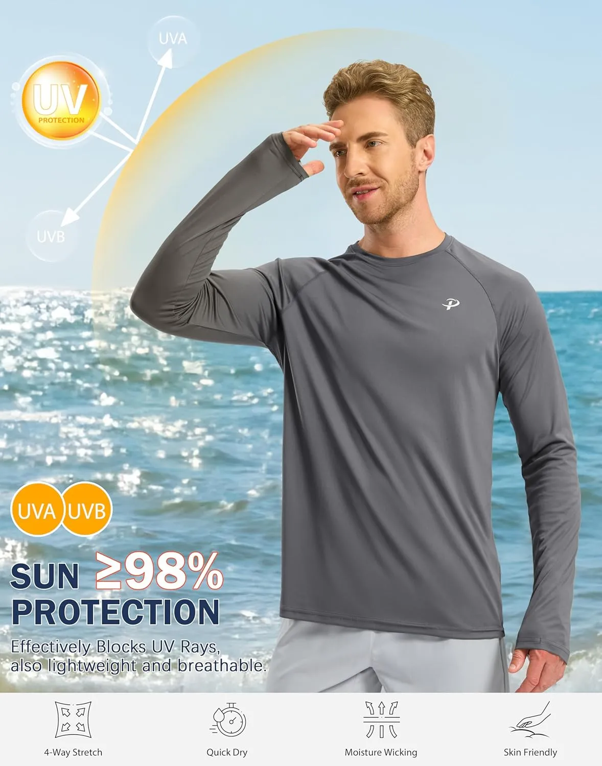 Pudolla Men's Sun Protection Shirts UV SPF UPF 50  Rash Guard Long Sleeve Lightweight Quick Dry Brethable Swimming Fishing