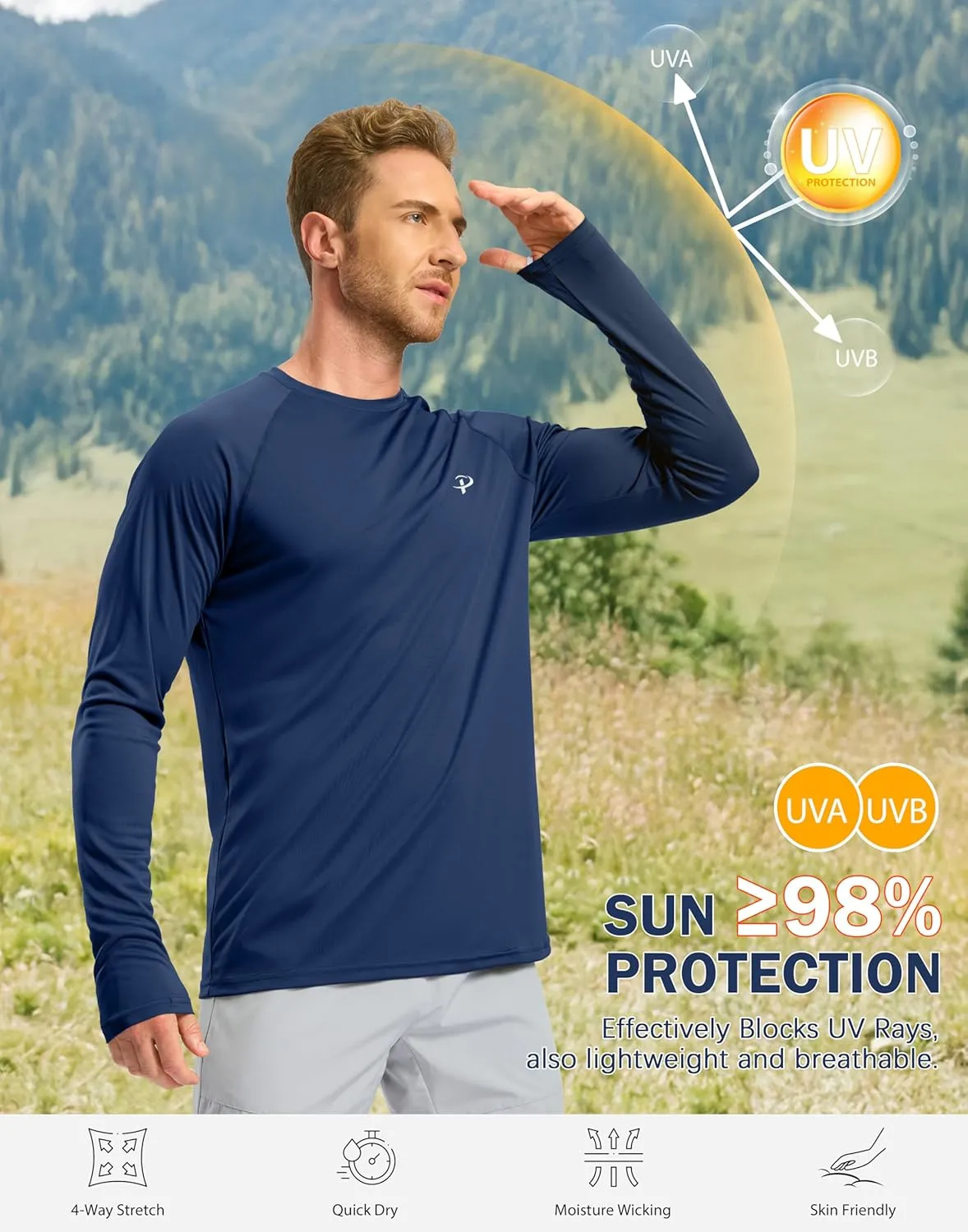 Pudolla Men's Sun Protection Shirts UV SPF UPF 50  Rash Guard Long Sleeve Lightweight Quick Dry Brethable Swimming Fishing